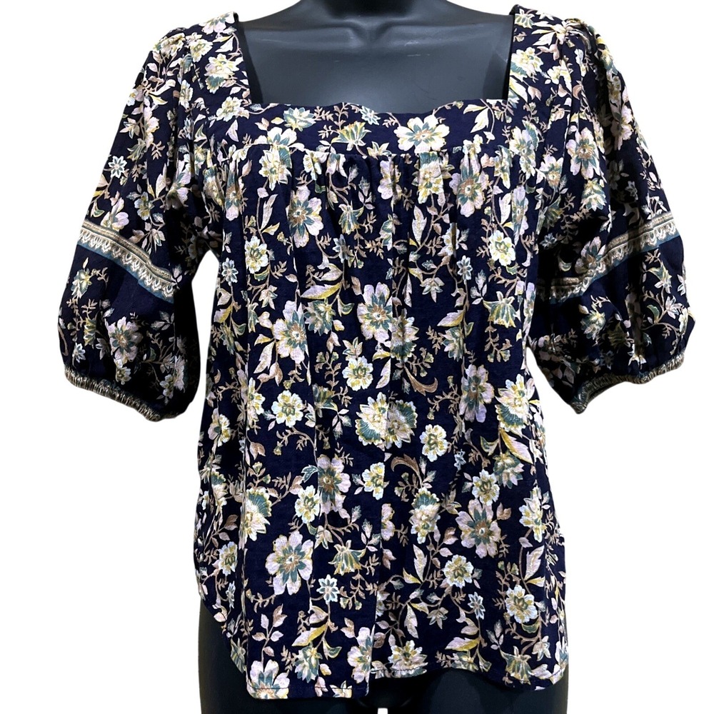 Roan Ryan Womens Peasant Top Navy Floral Puff Sleeve Square Neck Sz S Dobby Boho